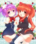  2girls :d ahoge aloe_(quiz_magic_academy) ass black_dress blue_dress blue_legwear blush bow bowtie closed_mouth detached_sleeves dress hair_ornament higashi_shino holding_hands interlocked_fingers long_hair long_sleeves looking_at_viewer multiple_girls myu_(quiz_magic_academy) open_mouth purple_hair quiz_magic_academy red_bow red_eyes red_neckwear redhead short_dress smile thigh-highs twintails white_legwear 