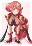 1girl absurdres bangs black_gloves breasts chest_jewel earrings fingerless_gloves gloves highres jewelry large_breasts pyra_(xenoblade) red_eyes red_legwear red_shorts redhead ryochan96154 short_hair short_shorts shorts solo swept_bangs thigh-highs tiara xenoblade_chronicles_(series) xenoblade_chronicles_2 