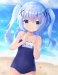  1girl beach blue_eyes blue_hair blue_swimsuit clenched_hands commentary gochuumon_wa_usagi_desu_ka? hair_ornament hairclip highres kafuu_chino long_hair looking_at_viewer nekopurin_(nyanko_prin) ocean one-piece_swimsuit outdoors school_swimsuit solo swimsuit two_side_up water 