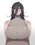  1girl absurdres ahoge arms_behind_back artist_name bare_shoulders black_hair blurry blush breasts collarbone covered_collarbone depth_of_field eyebrows_behind_hair grey_eyes hair_between_eyes half-closed_eyes highres huge_filesize large_breasts long_hair looking_at_viewer mole mole_under_mouth muroku_(aimichiyo0526) open_mouth original shadow sidelocks simple_background sleeveless solo taut_clothes twitter_username upper_body white_background 