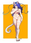  1girl absurdres animal_ears animal_feet animal_hands big_hair bikini blue_eyes blue_hair breasts cat_ears cat_tail claws closed_mouth commentary english_commentary felicia_(vampire) full_body fur_bikini hair_over_one_eye highres large_breasts long_hair looking_at_viewer navel orange_background outside_border pgm300 smile solo standing swimsuit tail thigh-highs twitter_username vampire_(game) white_bikini white_legwear 