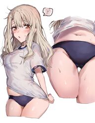  1girl bangs blush breasts fate/kaleid_liner_prisma_illya fate_(series) hair_between_eyes highres illyasviel_von_einzbern inusaka long_hair looking_at_viewer multiple_views navel red_eyes sidelocks small_breasts sweat white_hair 