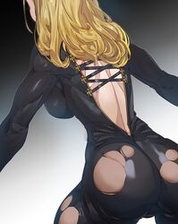  1girl ass black_bodysuit blonde_hair bodysuit bow_(bhp) breasts cowboy_shot from_behind grey_background large_breasts long_hair original skin_tight solo standing torn_bodysuit torn_clothes 