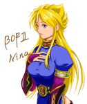  1girl blonde_hair blue_eyes breasts breath_of_fire breath_of_fire_ii bridal_gauntlets closed_mouth dress long_hair looking_at_viewer nina_(breath_of_fire_ii) side_slit simple_background solo white_background 