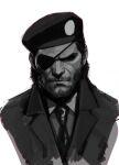  1boy beard closed_mouth cropped_torso eyepatch face facial_hair greyscale highres hikichi_sakuya male_focus mature_male metal_gear_(series) metal_gear_solid monochrome mustache necktie old old_man portrait short_hair sketch solid_snake solo white_background wrinkled_skin 