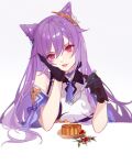  1girl bangs bare_shoulders blush breasts dress food fork genshin_impact gloves hair_cones hair_ornament jesse_(pixiv34586727) keqing_(genshin_impact) long_hair looking_at_viewer medium_breasts parted_lips purple_dress purple_gloves purple_hair smile solo swept_bangs twintails violet_eyes 