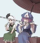  2girls absurdres arm_garter bangs black_hairband black_neckwear black_ribbon blue_kimono blunt_bangs dango eating empty_eyes food food_in_mouth green_vest hairband hat highres hitodama_print japanese_clothes kimono konpaku_youmu long_sleeves mob_cap multiple_girls oil-paper_umbrella open_mouth peroponesosu. pink_hair pointing red_eyes ribbon saigyouji_yuyuko shirt simple_background sweatdrop touhou triangular_headpiece umbrella vest wagashi white_background white_hair white_shirt wide_sleeves 