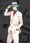  1boy black_cat_(series) black_shirt commentary_request eyepatch formal green_hair happy hat looking_at_viewer necktie paneled_background red_neckwear shirt short_hair smile solo standing suit sven_vollfied yabuki_kentarou 