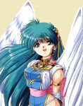  1990s_(style) 1girl arm_strap bad_link blue_eyes can_can_bunny earrings feathered_wings green_hair hair_ornament highres jewelry long_hair official_art open_mouth retro_artstyle scan simple_background solo swatty_(can_can_bunny) white_wings wings 