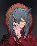  1girl absurdres animal_ears arknights bangs blood blood_on_face blood_on_hands fur-trimmed_jacket fur_trim grey_hair hair_between_eyes highres holding holding_knife holding_weapon jacket knife looking_at_viewer medium_hair projekt_red_(arknights) rain-kun red_jacket solo v-shaped_eyebrows weapon wolf_ears wolf_girl yellow_eyes 