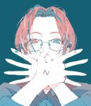  1girl absurdres blue_background blue_eyes blue_hair covering_mouth ear_piercing fingers forehead glasses hands_up heterochromia highres looking_at_viewer multicolored_hair nocopyrightgirl original piercing portrait red_eyes redhead short_hair simple_background solo two-tone_hair 