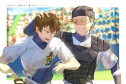  2boys ;d ace_of_diamond artist_name baseball_helmet baseball_mitt baseball_uniform bleachers blurry blurry_background brown_eyes brown_hair facebook_username hat hat_removed headwear_removed helmet highres holding holding_clothes holding_hat instagram_username long_sleeves looking_at_another male_focus miyuki_kazuya multiple_boys one_eye_closed open_mouth outdoors sawamura_eijun shirt smile sportswear sunglasses twitter_username white_shirt xia_qing 