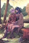  2girls armor blue_eyes blue_hair blush byleth_(fire_emblem) byleth_eisner_(female) cape closed_mouth couple edelgard_von_hresvelg fire_emblem fire_emblem:_three_houses forest gloves hair_ornament highres holding holding_hands long_hair long_sleeves medium_hair multiple_girls nature radiostarkiller red_cape short_hair simple_background smile violet_eyes white_hair yuri 