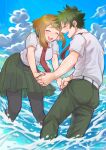  1boy 1girl blush boku_no_hero_academia closed_eyes couple hetero highres holding_hands laughing midoriya_izuku ocean open_mouth school_uniform u.a._school_uniform uraraka_ochako vdpuzf3wpdupfgr wet wet_clothes 