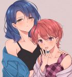  2girls bangs bare_shoulders black_camisole blue_hair blue_jacket blush brown_eyes camisole checkered collarbone commentary crop_top eyebrows_visible_through_hair grey_background grey_jacket hair_behind_ear hair_between_eyes half-closed_eyes hanayagi_kaoruko hand_on_another&#039;s_shoulder hand_to_own_mouth hand_up height_difference highres isurugi_futaba jacket light_blush long_sleeves looking_at_viewer medium_hair multiple_girls nukazuke_(kzhto) off_shoulder official_alternate_costume open_clothes open_jacket open_mouth parted_lips pink_eyes pink_tank_top redhead short_hair shoujo_kageki_revue_starlight side-by-side simple_background sweatdrop swept_bangs tank_top upper_body 
