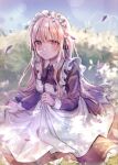  1girl absurdres apron bis-soli blonde_hair blurry blurry_background blush closed_mouth eyebrows_visible_through_hair eyes_visible_through_hair highres long_hair long_sleeves looking_at_viewer maid maid_apron maid_headdress original outdoors plant red_eyes sitting sky solo 