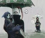  1girl 3boys bandaged_head bandages bin_brothers_(tokyo_ghoul) black_cloak brown_hair carrying cloak commentary_request eto_(tokyo_ghoul) from_side holding holding_another holding_umbrella hood hood_up long_hair long_sleeves looking_at_another mask multiple_boys noro_(tokyo_ghoul) on_shoulder ponytail princess_carry rain red_eyes sitting speech_bubble straw_like teeth_print tokyo_ghoul torn_clothes translation_request umbrella 
