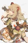  1girl 4_(nakajima4423) :o animal_bag animal_ears bear_bag bear_ears blurry blurry_foreground bow brown_bow brown_gloves brown_hair commentary_request dress eyebrows_visible_through_hair fingerless_gloves floral_print food_print foreshortening fur-trimmed_gloves fur_trim gloves green_dress hair_bow highres kusanagi_nene leg_up long_hair looking_back open_mouth plaid plaid_skirt project_sekai red_eyes sidelocks simple_background skirt solo strawberry_print surprised translation_request white_background 