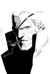  1boy beard cigarette collared_coat eyepatch face facial_hair greyscale hair_slicked_back highres hikichi_sakuya male_focus mature_male metal_gear_(series) metal_gear_solid monochrome mustache old old_man older portrait short_hair sketch smoking solid_snake solo upper_body wrinkled_skin 