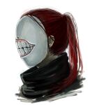  1boy covered_face cropped_shoulders from_side male_focus mask medium_hair noro_(tokyo_ghoul) ponytail redhead simple_background solo straw_like teeth_print tokyo_ghoul white_background 