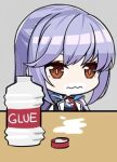  1girl azur_lane bangs blue_cloak blue_dress bottle bottle_cap bright_pupils brown_eyes chibi cloak closed_mouth drawfag dress english_text essex_(azur_lane) eyebrows_behind_hair glue grey_background hair_between_eyes light_blue_hair long_hair lowres necktie shiny shiny_hair simple_background solo suggestive_fluid swept_bangs third-party_source upper_body wavy_mouth wet_face white_pupils 