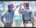  2boys ace_of_diamond back baseball_cap baseball_jersey baseball_mitt baseball_uniform belt blurry blurry_background brown_hair day dirty dirty_clothes dirty_face gloves hair_between_eyes hand_grab hat highres male_focus miyuki_kazuya multiple_boys open_mouth outdoors pants sato_(sato_1_11) sawamura_eijun short_hair sideburns sportswear sweat sweatdrop teeth visor white_gloves white_pants 