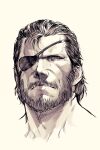  1boy beard cropped_shoulders eyepatch face facial_hair greyscale highres hikichi_sakuya male_focus mature_male metal_gear_(series) metal_gear_solid monochrome mustache old old_man portrait short_hair sketch solid_snake solo wrinkled_skin 