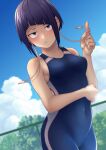  1girl absurdres audio_jack bangs bare_arms bare_shoulders black_hair blunt_bangs boku_no_hero_academia breasts clouds collarbone commentary_request covered_navel cowboy_shot day fence hand_up highres jirou_kyouka kobaji looking_at_viewer one-piece_swimsuit outdoors shiny shiny_hair short_hair sidelocks sky solo swimsuit tree 