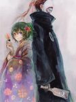  1boy 1girl alternate_costume alternate_hairstyle bandages bangs black_cloak blue_eyes brown_hair cloak eto_(tokyo_ghoul) flower from_side gradient gradient_background gradient_clothes green_hair grey_background hair_flower hair_ornament hand_up height_difference holding japanese_clothes kimono long_sleeves mask multicolored_hair noro_(tokyo_ghoul) pink_kimono ponytail red_eyes red_flower redhead short_hair smile straw_like teeth_print tokyo_ghoul tokyo_ghoul:re two-tone_hair 