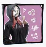  1girl black_hoodie border broken_mask choker commentary_request dead_by_daylight highres hood hood_up hoodie long_hair long_sleeves mask outline pink_background redhead solo straw_like the_legion_(dead_by_daylight) translation_request upper_body v white_border white_outline 