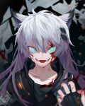  1girl :d absurdres animal_ears arknights bangs black_gloves black_jacket blood blood_on_clothes blood_on_face blood_on_hands blue_eyes fangs fingerless_gloves gloves hair_between_eyes hair_ornament hairpin highres jacket lappland_(arknights) long_hair looking_at_viewer open_mouth rain-kun scar scar_across_eye sharp_teeth smile solo teeth v-shaped_eyebrows white_hair wolf_ears wolf_girl 