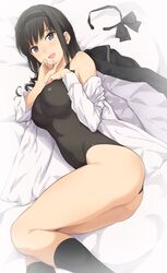  1girl :d amagami ass bangs bare_shoulders bed_sheet black_bow black_hair black_hairband black_jacket black_legwear black_swimsuit blue_eyes bow bow_removed breasts commentary_request competition_swimsuit covered_navel feet_out_of_frame from_above hairband hand_on_own_chest hand_on_own_face highres jacket jacket_removed kneehighs large_breasts long_hair long_sleeves lying morishima_haruka off_shoulder on_bed on_side one-piece_swimsuit open_clothes open_mouth open_shirt serizawa_(serizawaroom) shirt sidelocks smile solo swimsuit thighs white_shirt 