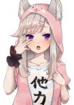  1girl animal_ear_fluff animal_ears animare ears_through_headwear fox_ears fox_girl hair_ornament hairclip highres hood hood_up hoodie islandz open_clothes open_hoodie open_mouth shiromiya_mimi shirt short_sleeves single_wrist_cuff transparent_background unzipped violet_eyes wet wet_clothes wet_hair wet_shirt wrist_cuffs 