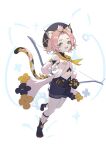  1girl :d absurdres animal_ears bangs bare_shoulders beret black_shorts bow_(weapon) cat_ears cat_girl cat_tail coat diona_(genshin_impact) forehead genshin_impact green_eyes hat highres holding holding_bow_(weapon) holding_weapon looking_at_viewer navel neckerchief open_mouth pink_hair short_hair shorts simple_background smile tail weapon white_background white_coat white_sleeves yellow_neckerchief younajiangaaa 