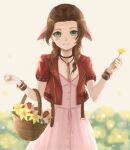  1girl aerith_gainsborough basket black_choker black_neckwear blurry blurry_background bolo_tie bracelet braid breasts brown_hair choker commentary cropped_jacket dress field final_fantasy final_fantasy_vii flower flower_field green_eyes hair_over_shoulder hair_ribbon holding holding_basket holding_flower jacket jewelry lily_(flower) long_dress long_hair looking_at_viewer open_clothes open_jacket petals pink_dress pink_ribbon purea red_flower red_jacket red_tulip ribbon short_sleeves small_breasts smile solo tulip w_arms white_background white_flower yellow_flower 