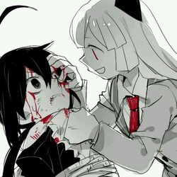  2girls animal_ears arbus ater bangs black_eyes black_hair black_jacket blood bound cat_ears frown grey_jacket haiiro_teien hair_between_eyes hand_on_another's_chin hand_on_another's_face hand_on_another's_head jacket leaning_forward long_sleeves looking_at_another multiple_girls necktie open_mouth red_eyes red_neckwear shirt simple_background smile tied_up upper_body white_background white_hair white_shirt 