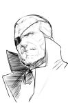  1boy beard collared_coat eyepatch face facial_hair greyscale hair_slicked_back highres hikichi_sakuya male_focus mature_male metal_gear_(series) metal_gear_solid monochrome mustache old old_man older portrait short_hair sketch solid_snake solo upper_body wrinkled_skin 