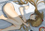  1girl absurdres barefoot blue_eyes brown_hair closed_mouth eyepatch highres long_hair looking_at_viewer lying nao_suke neon_genesis_evangelion on_side panties rebuild_of_evangelion shiny shiny_hair shirt short_sleeves solo souryuu_asuka_langley t-shirt underwear very_long_hair white_panties white_shirt 