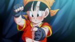  1girl black_eyes black_hair blush clenched_hands closed_mouth dancing dragon_ball dragon_ball_gt fingerless_gloves gloves orange_bandana pan_(dragon_ball) red_shirt rom_(20) shirt solo sweatdrop t-shirt upper_body 