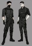  2boys absurdres alternate_costume black_eyes black_hair black_mask black_pants black_shirt boots chest_harness facial_hair golden_kamuy hair_slicked_back hair_strand harness highres leather leather_boots male_focus mask mouth_mask multiple_boys ogata_hyakunosuke pants pectorals scar scar_on_cheek scar_on_face scar_on_nose shirt short_hair spiky_hair standing stubble sugimoto_saichi toned toned_male undercut zuncha_(mun_suru) 