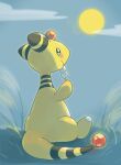  ampharos blush clouds commentary_request eating full_moon grass holding holding_stick moon night no_humans outdoors pokemon pokemon_(creature) sitting sky solo stick tansho 