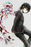  1boy black_hair black_hoodie black_pants feet_out_of_frame from_side hair_between_eyes hood hood_down hoodie kagune_(tokyo_ghoul) kirishima_ayato long_sleeves looking_at_viewer looking_to_the_side pants red_eyes short_hair solo straw_like tokyo_ghoul wings 