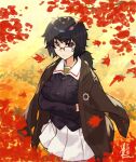  1girl artist_name autumn_leaves bangs black-framed_eyewear black_eyes black_hair blue_jacket closed_mouth commentary crossed_arms dated day emblem eyebrows_visible_through_hair girls_und_panzer glasses green_shirt haori highres jacket japanese_clothes kimi_tsuru light_frown long_sleeves looking_at_viewer medium_hair messy_hair military military_uniform miniskirt ooarai_military_uniform oryou_(girls_und_panzer) outdoors pleated_skirt semi-rimless_eyewear shirt short_ponytail signature skirt solo standing sunlight under-rim_eyewear uniform white_skirt 