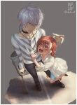  1boy 1girl :d accelerator_(toaru_majutsu_no_index) ahoge albino arm_up artist_name blue_dress border brown_eyes brown_hair casual choker collared_shirt crutch dated denim dress full_body grey_background highres holding holding_clothes holding_shirt hug ikeda_(cpt) last_order_(toaru_majutsu_no_index) long_sleeves looking_down looking_up open_mouth oversized_clothes pants polka_dot polka_dot_dress red_eyes sandals shirt shoes short_hair simple_background smile striped striped_shirt tile_floor tiles toaru_kagaku_no_accelerator toaru_kagaku_no_railgun toaru_majutsu_no_index white_border white_hair white_shirt wire 