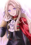  1girl ascot blush buttons cape commentary_request edelgard_von_hresvelg eyebrows_visible_through_hair eyes_visible_through_hair fire_emblem fire_emblem:_three_houses forehead garreg_mach_monastery_uniform gloves hair_ribbon hand_in_hair kirishima_riona lips long_hair long_sleeves looking_at_viewer open_mouth pink_lips purple_ribbon red_cape ribbon sidelocks smile solo uniform upper_body violet_eyes white_gloves white_hair white_neckwear 