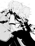  2boys animal antenna_hair bandaged_hand bandages bangs cat closed_eyes crossed_bangs genshin_impact greyscale hair_between_eyes hug hug_from_behind kaedehara_kazuha kazuha&#039;s_friend_(genshin_impact) lebruitestmoi long_sleeves male_focus monochrome multiple_boys parted_lips petals ponytail scar scar_on_face scarf simple_background tassel upper_body wide_sleeves 