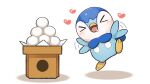  &gt;_&lt; blush box commentary_request flapping heart jumping motion_lines no_humans official_art open_mouth piplup pokemon pokemon_(creature) project_pochama solo toes tongue 