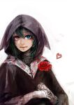  1girl bandaged_arm bandaged_hand bandages bangs blue_eyes cloak commentary_request eto_(tokyo_ghoul) flower green_hair hair_between_eyes heart heterochromia holding hood hood_up hooded_cloak looking_at_viewer red_eyes red_flower red_rose rose simple_background smile solo straw_like tokyo_ghoul white_background 