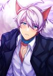  1boy absurdres animal_ears bangs black_jacket blue_eyes choker closed_mouth hair_between_eyes hair_ribbon heart heart-shaped_pupils highres honkai_(series) honkai_impact_3rd jacket kaixuan_lushang kevin_kaslana kitsune long_sleeves looking_at_viewer polo_shirt ribbon shirt solo symbol-shaped_pupils tail white_hair white_shirt wolf_ears wolf_tail 