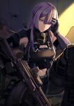  1girl abs ak-15_(girls&#039;_frontline) armor artificial_eye assault_rifle bangs bare_shoulders black_gloves black_pants closed_mouth elbow_gloves girls_frontline gloves gun hair_over_one_eye hand_in_hair highres long_hair mask mask_removed mechanical_eye pants purple_hair replikia rifle squatting weapon 